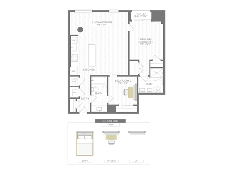 Floor plan for 2 beds, 2 baths, 968 sqft